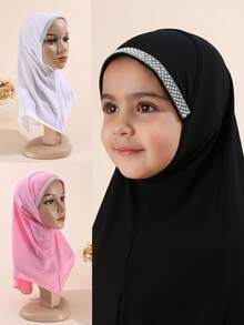 1pc Children/Girls' Pearl & Rhinestone Hijab, Middle Eastern Muslim Arabic Cute Elegant Breathable Adjustable, Suitable For All Seasons Gift - A - View 2