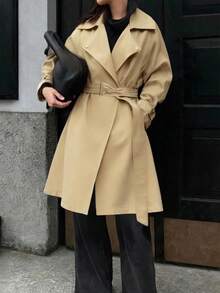 Trench-coat de printemps pour femmes, coupe-vent casual à col châle de couleur unie, avec ceinture à la taille. Coupe élégante et ajustée, convient pour la rentrée scolaire, les trajets quotidiens et les rendez-vous de la Saint-Valentin - Kaki - Voir 1