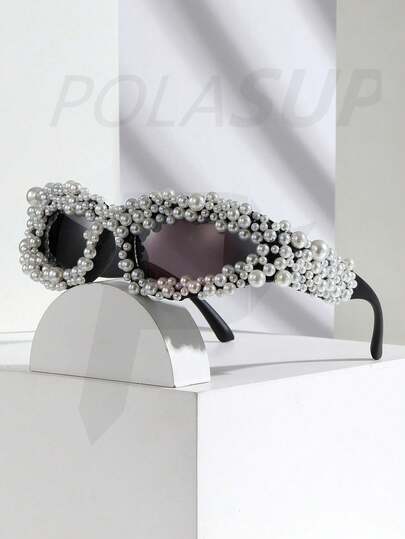 1 Stück modische Brille mit aufgesetzten Kunstperlen, Oversized Rahmen, stilvolles Accessoire für Fotos, Partys, Festivals, Katzenauge Design, elegant & glamourös für Frauen