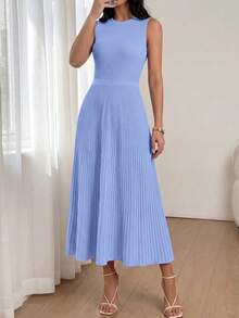 Women Summer Sleeveless Midi Dress Crewneck Ribbed Knit Pleated Swing A-Line Flowy Dress Solid Color Casual Spring Holiday Vacation Valentine Long Midi Dress Outfits - 天藍色 - 查看 1