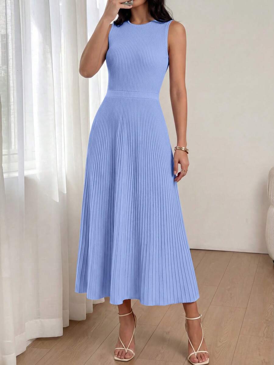 Women Summer Sleeveless Midi Dress Crewneck Ribbed Knit Pleated Swing A-Line Flowy Dress Solid Color Casual Spring Holiday Vacation Valentine Long Midi Dress Outfits - 天藍色 - 查看 1