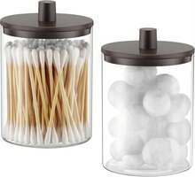TIPGO Glass Qtip Holder Dispenser - 10 Oz Clear Canister Apothecary Jar, Bathroom Vanity Storage Organizer Set For Cotton Swabs, Pads, Floss Picks, Small Containers For Makeup Storage (2 Pack, Black) - ColorB - View 1