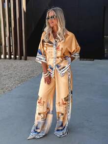 2pcs Women's Elegant Set, Button Collar Design, Wide-Leg Pants, Non-Stretch Fabric, Suitable For Casual And Party Wear - Orange - View 2