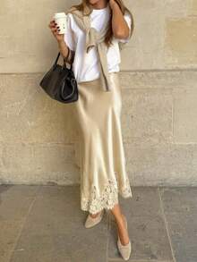 Women's Lace Trim Satin Silk Midi Skirt Y2K Elegant Silky Flowy A Line Long Skirt Vintage Bodycon Pencil Maxi Skirts Going Out Beach Vacation Skirt Streetwear - 香檳色 - 查看 2