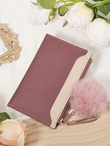 With A Pom-Pom Charm,Deep Pink Card Holder Ultra-Thin, Lightweight,Portable Cash,Id Card,Credit Card,Coin Pocket Wallet,Fashionable Zipper Coin Wallet,High-Quality Credit Card Storage Bag,Simple And Casual Multi Card Clip,Perfect For Outdoor Activities,Travel,And Returning To School - Dusty Pink - View 5