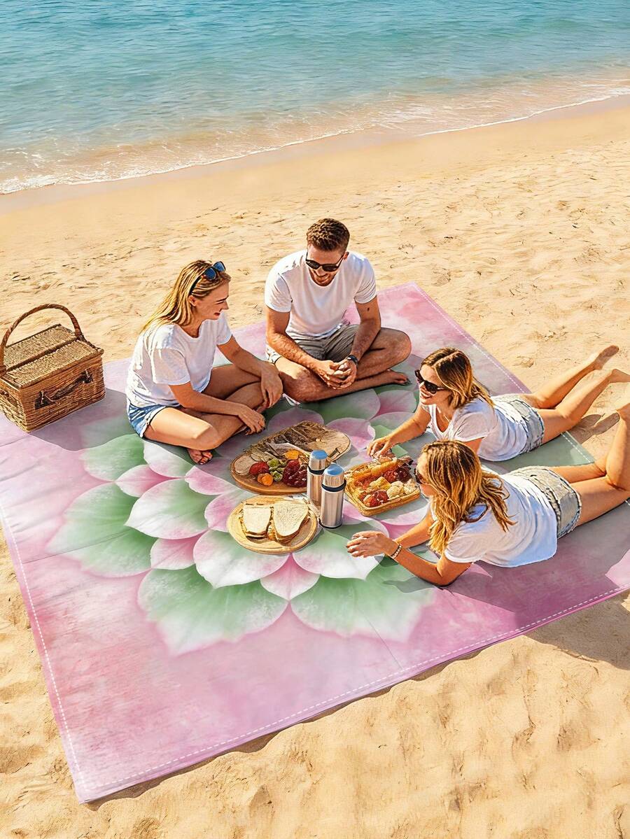 1件新款户外防水防沙数码印花野餐垫/沙滩巾，时尚清新图案，适合户外露营和野餐（100克面料） - 彩色 - 查看 1