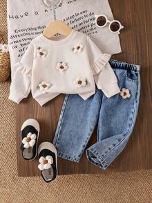 2pcs Baby Girls Casual Floral Applique Long Sleeve Top With Pocket & Denim Pants Set, Spring/Autumn