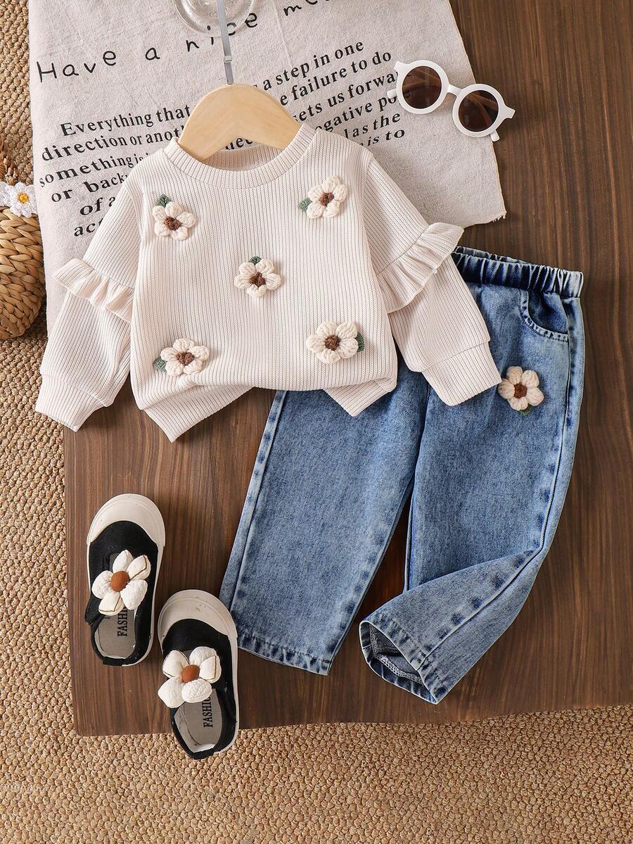 2pcs Baby Girls Casual Floral Applique Long Sleeve Top With Pocket & Denim Pants Set, Spring/Autumn