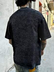 Camiseta Masculina FRACTYR de Verão, Estilo Minimalista de Cor Sólida, Gola Careca, Lavagem Vintage de Manga Curta | Estilo Básico Casual de Rua, Presente para Namorado - Preto - Visão 4