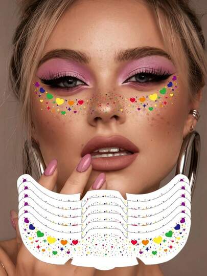 6张彩虹雀斑骄傲主题临时纹身贴纸，闪亮彩虹雀斑心形纹身贴纸，防水亮面临时纹身，骄傲主题，适合旅行、节日、骄傲游行、婚礼派对、情人节等场合。