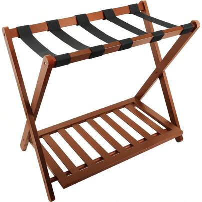 Wooden Luggage Rack For Guest Room-Foldable Suitcase Stand With Nylon Straps For Bedroom Living Room Hotel Heavy-Duty Luggage Holder For Suitcases Bags Shoes(Brown)