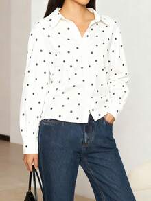 Women Dot Print Shirt, Long Sleeve Lapel Button Down Loose Fit Tops Spring Fall Streetwear - 白色 - 查看 1