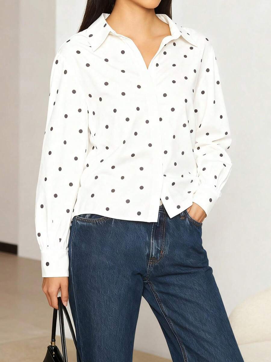 Women Dot Print Shirt, Long Sleeve Lapel Button Down Loose Fit Tops Spring Fall Streetwear - 白色 - 查看 1