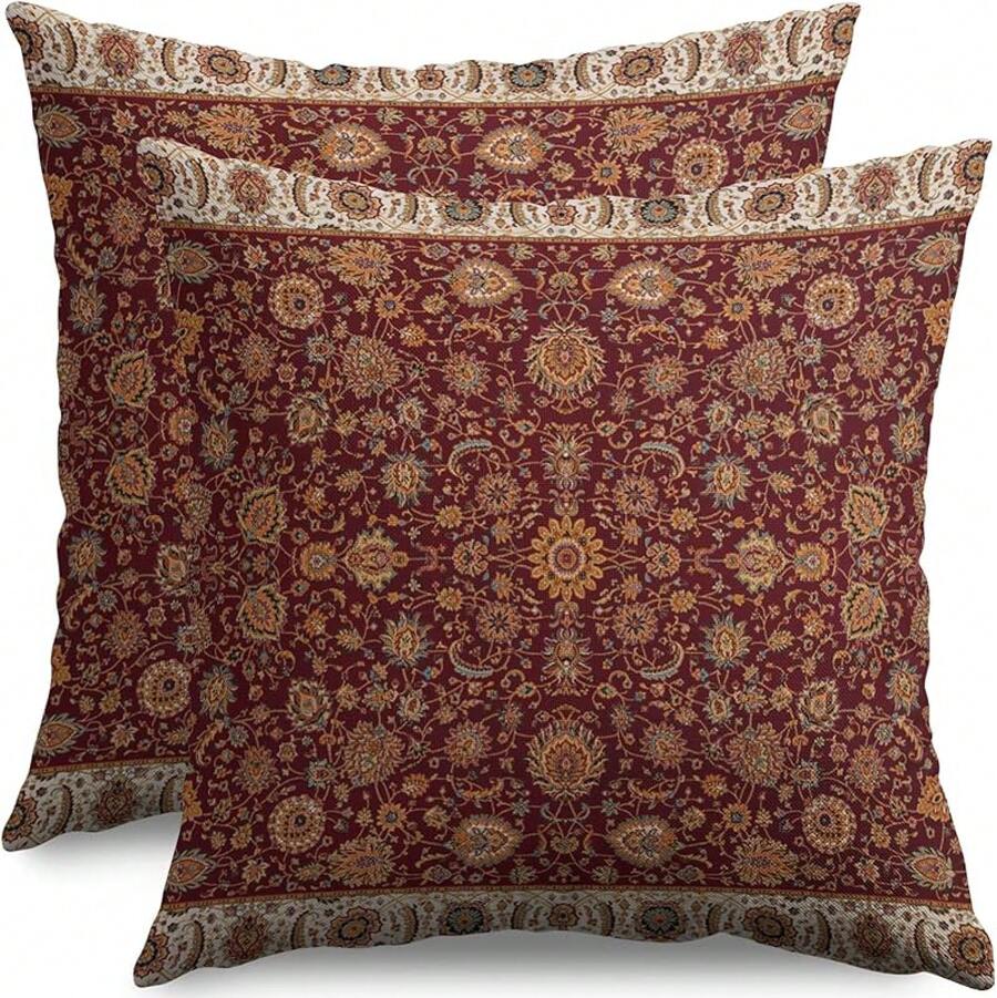 Sage Green Boho Throw Pillow Covers 18 X 18 Inch Pack Of 2, Bohemian Pattern Decorative Pillow Cases Vintage Outdoor Linen Farmhouse Cushion Covers Bedroom Home Sofa Decor, Decor - 勃根地木版畫 - 查看 1