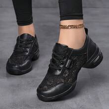 女士休闲鞋，足弓支撑舞蹈鞋。透气简约系带舒适训练鞋，软底条纹设计，四季皆宜爵士现代舞训练鞋，系带装饰方块舞休闲鞋，纯色运动鞋 - 黑色 - 查看 5