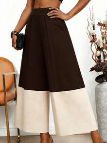 Pantalones de cintura regular con bolsillos y contraste de color para mujer, de tela de poliéster, lavables a máquina - Marrón - Ver 4