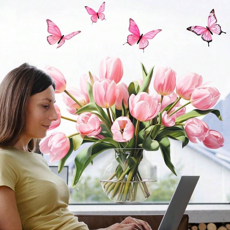 1. 清新浪漫花卉风格静电吸附窗贴，粉色郁金香花束+蝴蝶图案，适合春季装饰/母亲节/家居客厅/卧室飘窗/阳台玻璃门装饰，不留残胶，易于移除 - 彩色 - 查看 2