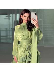 Vestidos Elegantes De Mujer,Women's Elegant And Stylish Ruffled Fitted Dress - màu xanh lá - Xem 3