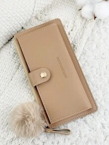 With A Pom-Pom Charm,Khaki Fold Over Long Wallet Women Fashion Modern Business Slim Portable Versatile Large Capacity Credit Card Zipper ID Card Money Cash Storage Business Casual Perfect School College Work Business Commute Teachers' Day Back To School Holiday Office Anniversary Lover For Birthday Gift Women White-Collar Workers College Student,Bag School Supplies For School Dorm Room & Back To School - Khaki - View 4