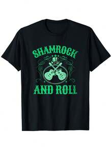 St Patrick's Day Shamrock And Roll Guitar Music Women Men T-Shirt, Summer Casual And Comfortable T-Shirt, Fashionable Round Neck Short Sleeves, Comfortable And Versatile,, S-XXXL - Black - View 1