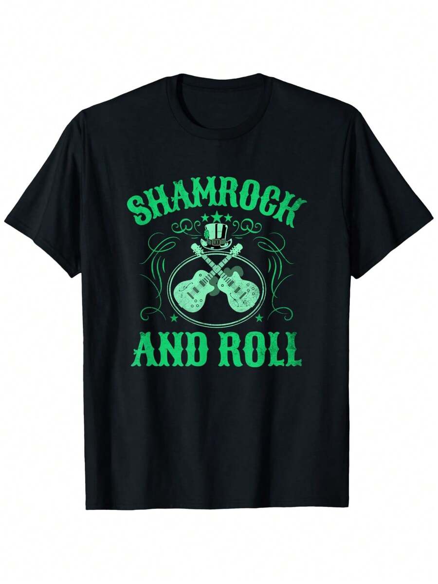 St Patrick's Day Shamrock And Roll Guitar Music Women Men T-Shirt, Summer Casual And Comfortable T-Shirt, Fashionable Round Neck Short Sleeves, Comfortable And Versatile,, S-XXXL - Black - View 1