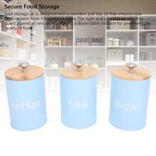 Set Of 3 Airtight Iron Canisters With Lids - Multifunctional Jars For Tea, Coffee And Sugar - Elegant Blue Design - Baby Blue - View 7