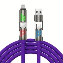 240W 四合一超快充 USB A/Type-C/Lightning 液态硅胶铝合金 LED 发光数据线，高效数据传输，兼容 17/16/15/14/13/12/11/Xs/Xr/8/7/6、S24 Ultra/S24/S23 Ultra/S23/S22/S21，通用数据线 - 紫色 - 查看 2