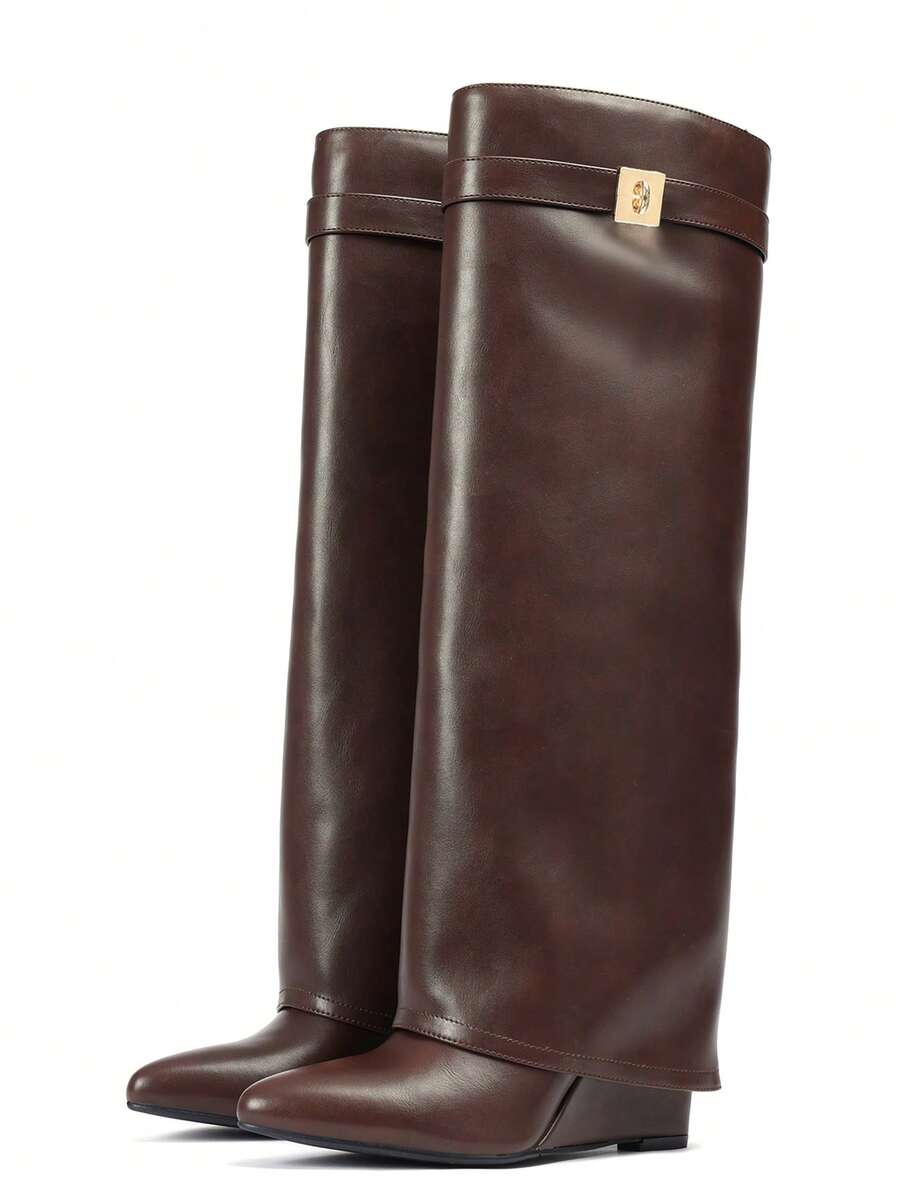 Womens New Fashionable Fold Over Boots Pointed Toe Wedge Heel Pull On Knee High Boots For Women Wide Calf With Side Zipper Padlock Design Cuffed Covered Vintage Fashion Wedding Slip On Party Shoes Work Business Casual Brown Shark Booties Easter Gift Spring Festival Summer Boots Leather Folded Booties Shoes - 棕色無扣 - 查看 1