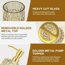 5-Piece Gold Diamond-Cut Glass Bathroom Accessories Set, Includes Soap Dispenser, Soap Dish, Toothbrush Holder, Tumbler & Cotton Swab Jars, Modern Crystal Decor For Bathroom - Housewarming Gift - 金色 - 查看 6