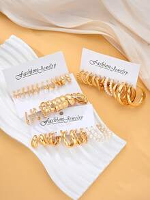 48pcs/12sets Vintage Elegant Minimalist Bohemian Style Teardrop Flower Geometric Faux Pearl Stud Earrings Set, Women Daily Wear, Birthday/Valentine's Day Gift For Girlfriend/Mom (No Box) - Yellow Gold - View 6