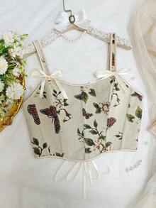 Y2K Floral Print Crop Top - Adjustable Lace-Up Back Bustier - Apricot - View 7