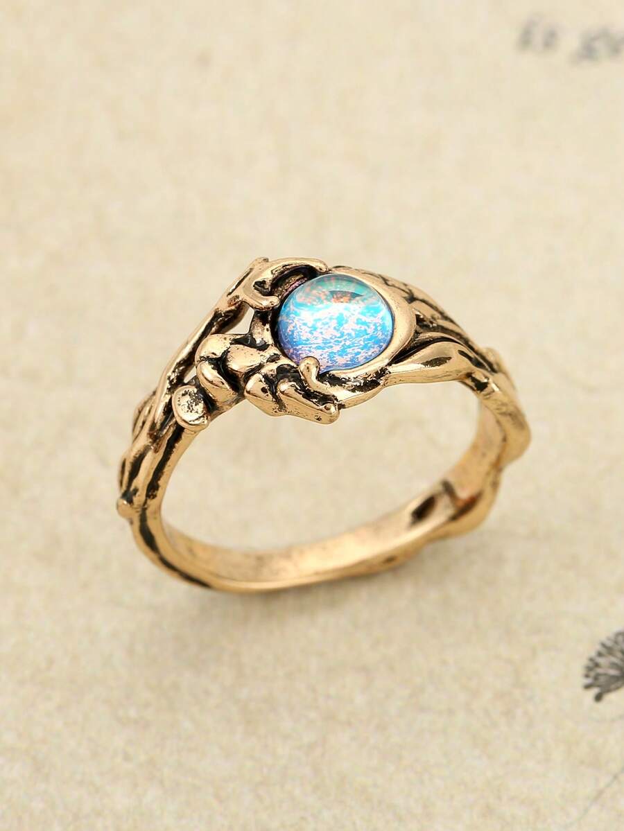 1枚复古镀金双色猫眼石戒指