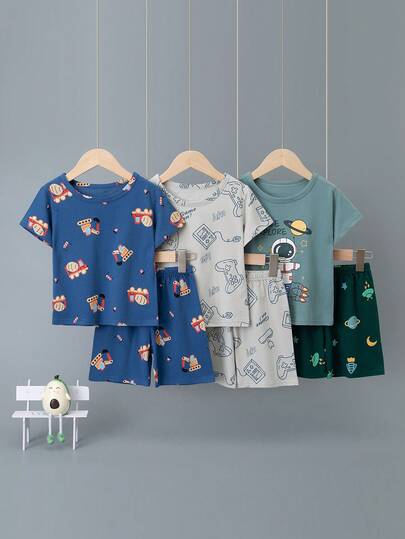 Conjunto de pijama de 6 piezas con estampado de excavadora y control de juego para niños, conjunto de ropa ligera para el hogar