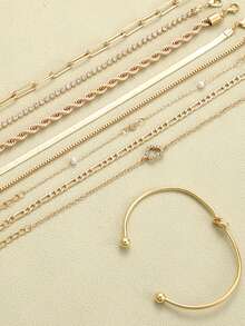 19/9件套时尚、优雅、精致、复古、几何、心形、水晶、闪亮、串珠、扭结、链条、镂空、蛇骨、编织、盒式、金属、简约风格手链套装，适合节日、派对、约会、送礼、日常佩戴 - 金黃色 - 查看 4