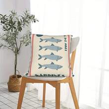 1PC 18x18 Inch Bohemian Style Pillow Cover, White Background With Blue & Navy Fish Pattern,  Navy Blue & White Coastal Pillow Case, Marine Life Pattern Short Plush Cushion Cover, Bluefin Tuna & Mackerel Pattern, Three Fish In Watercolor On Striped Background, Vintage Sardines Brand Throw Cover, Machine Washable For Bed, Sofa, Boat, Machine Washable For Bedroom, Sofa, Living Room, Retro Style, Decorative Pillowcase, Perfect Holiday Home Decor, Perfect For Valentine's Day/Birthday/Anniversary/Christmas/New Year/Holiday/Thanksgiving/Birthday Home Decoration - Kiểu 4 - Xem 4