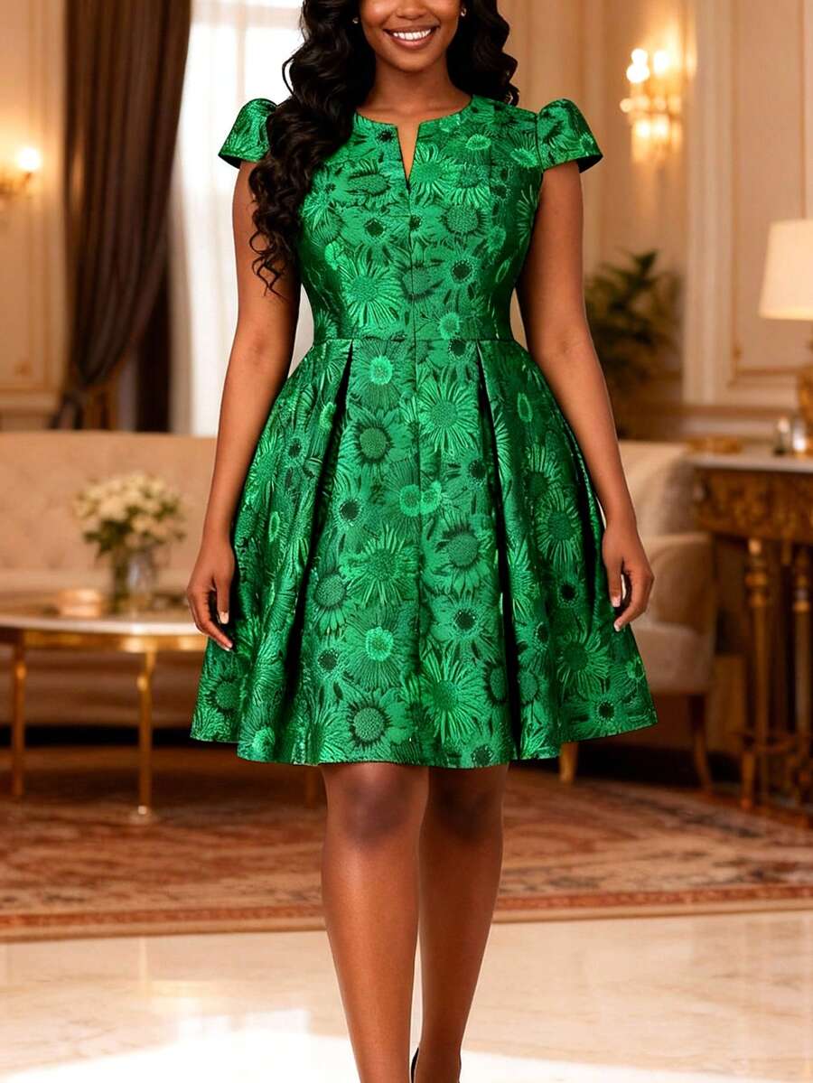 Women Green Chic Subtle V Neck Floral Jacquard A Line Dress Spring Summer Wedding Evening - Green - View 1