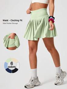 Leorrey 1pc Women's Seamless Casual Comfortable Solid Color High Waist Anti-Flashing Sweet Pleated Tennis Running Workout Mini Skirt - Green - View 2