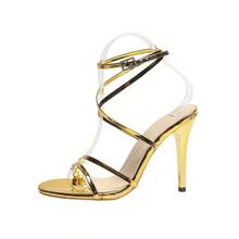 女士金色夏季新款时尚舒适圆头露趾PU亮面皮革绑带踝带水钻装饰搭扣设计户外休闲性感派对细高跟凉鞋 - 金色 - 查看 7