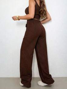 LIN SERVIÇOS, REF: H932 - Women's Striped High-Waisted, Wide-Leg Trousers, Ideal For Casual And Formal Looks. Lightweight, Stylish And Elegant, They Offer Comfort And Sophistication For Various Occasions. - 巧克力棕 - 查看 2