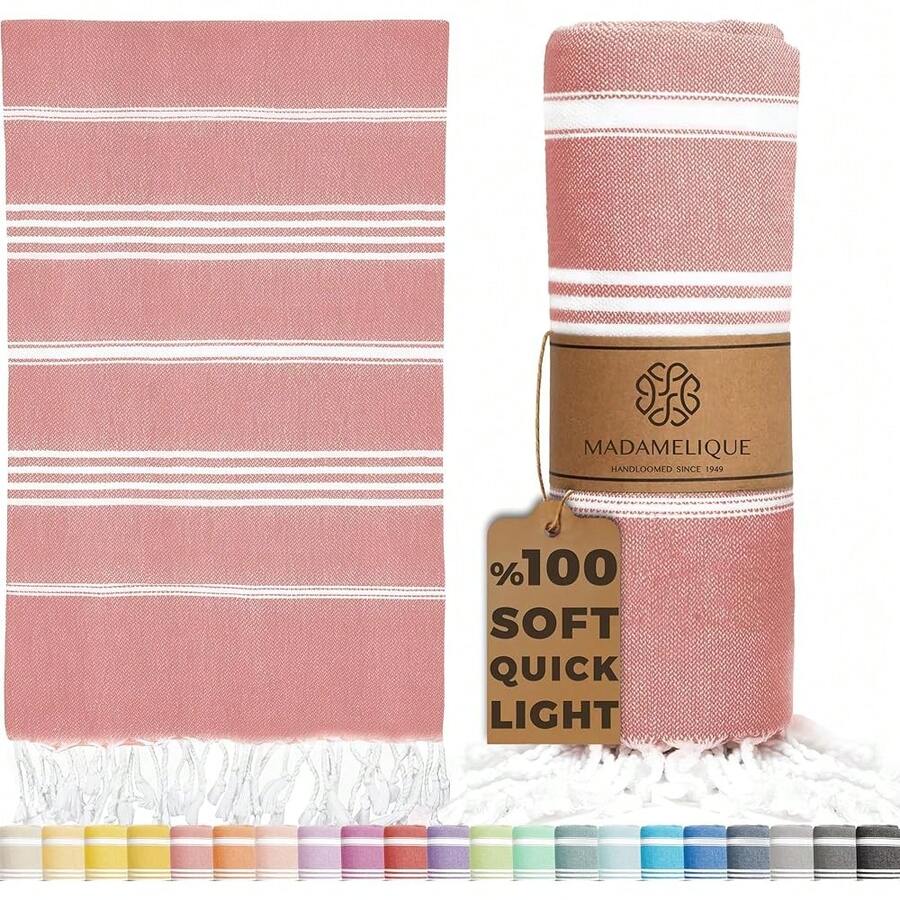 Madamelique Turkish Beach Towel Oversized - 39 X 74 - Prewashed Beach Towels Oversized - Quick Dry - FSandss Free - Beach Essentials - Travel Towel - Hand Loomed (Mediterranean Without Bag, Salmon) - 地中海無包地中海無包 - 查看 1