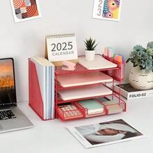 Gianotter Paper Letter Tray Organizer With File Holder, 4-Tier Desk Accessories & Workspace Organizers With Drawer And 2 Pen Holder, Desk Organizers And Accessories For Office Supplies (Red) - 紅色 - 查看 8