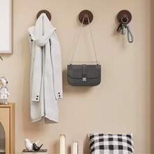 1pc No-Drill Round Wooden Wall Hook Organizer - Coffee Brown - View 2