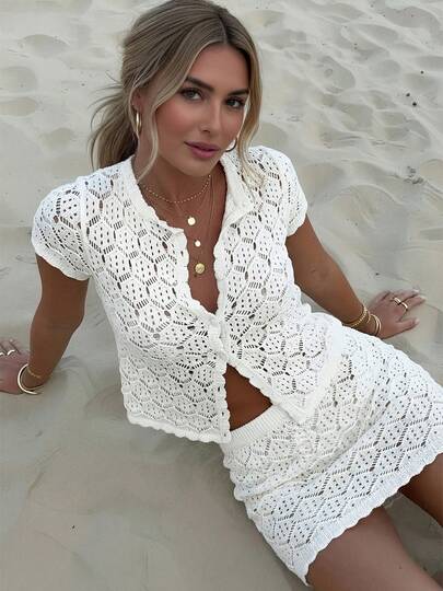 2pcs/Set Women's Crochet Hollow Out Sexy Sleeveless Knit Cardigan + Shorts, Summer Vacation Outfit - Women's 2pcs Vacation Set, Crochet Hollow Out Club Sexy Fitted Suit