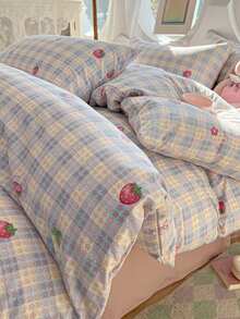 2/3件套格子、草莓印花、星星、斋月、清新可爱、提花工艺、超柔软、男女皆宜、学生宿舍服、学生苏西、甜美可爱女孩、学生、春夏水洗打磨被套枕套套装，双人床、大号床和特大号床可选。 - 彩色 - 查看 5