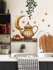 1pc Middle East Tea Pot Moon Stars Wall Decorative Sticker - Bedroom, Living Room, Entrance Wall Decor For Home Background Beautification - Multicolor - View 5