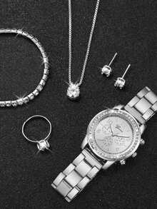 6 件套优雅奢华女士石英表套装，包括女士银色配饰（镶满宝石的金属表带石英表、镶满宝石的手链、水钻长链项链、戒指和耳钉）。 - 銀色 - 查看 4