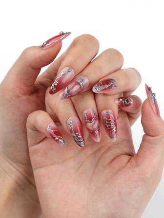 24pcs Y2k Press On Nails 3d Three-Dimensional Decoration False Nails Cat Eye Nails Art Short Almond Shape Nails Press On Manicure Set Includes 1sheet Adhesive Tabs & 1pc Mini File Perfect For Everyday Wvear