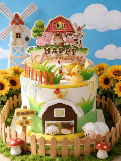 农场主题生日蛋糕装饰、农场动物生日派对蛋糕装饰、农场纸杯蛋糕装饰、适合农场蛋糕装饰的派对用品、农场动物蛋糕、农场主题生日派对装饰