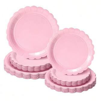 24 piezas/50 piezas Platos de papel rosa claro, Platos de papel rosa con borde ondulado de 9 pulgadas, Platos desechables, Platos para tarta de 7 pulgadas, Adecuados para boda, baby shower, fiesta de revelación de género, despedida de soltera, postre de fiesta de cumpleaños, Día de San Valentín