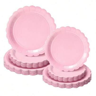 24 piezas/50 piezas Platos de papel rosa claro, Platos de papel rosa con borde ondulado de 9 pulgadas, Platos desechables, Platos para tarta de 7 pulgadas, Adecuados para boda, baby shower, fiesta de revelación de género, despedida de soltera, postre de fiesta de cumpleaños, Día de San Valentín